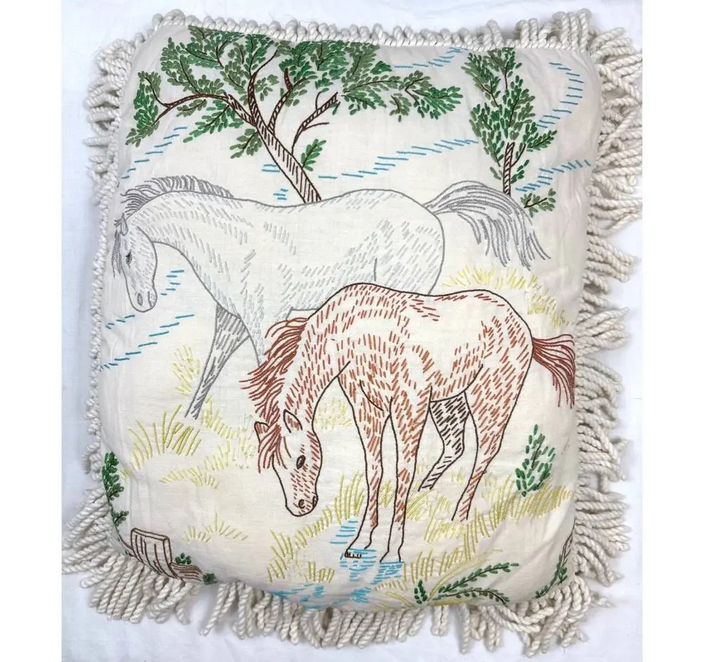 Hand-crafted Rustic Equestrian Fringed Throw Pillow Horse Design Vintage 1980s